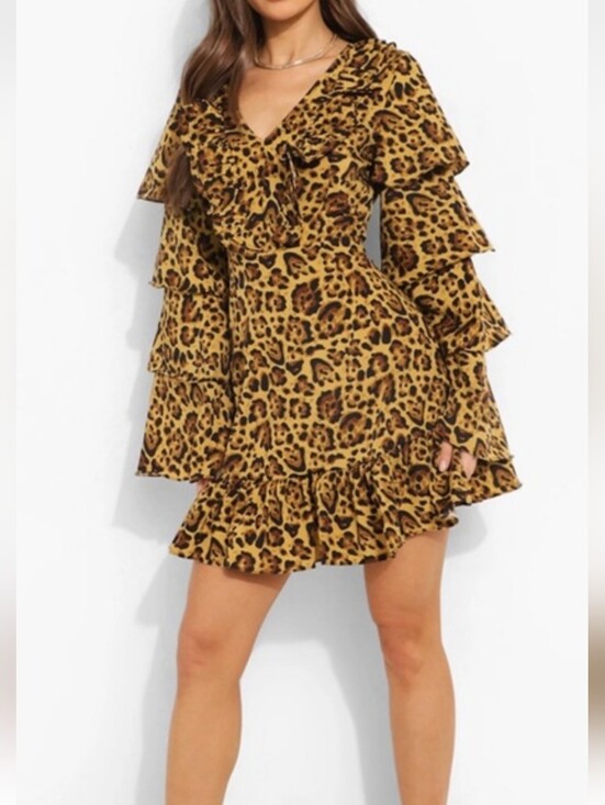 Boohoo Dresses & Skirts - Boohoo Leopard Ruffle Tiered Long-Sleeve Mini Dress - Brown